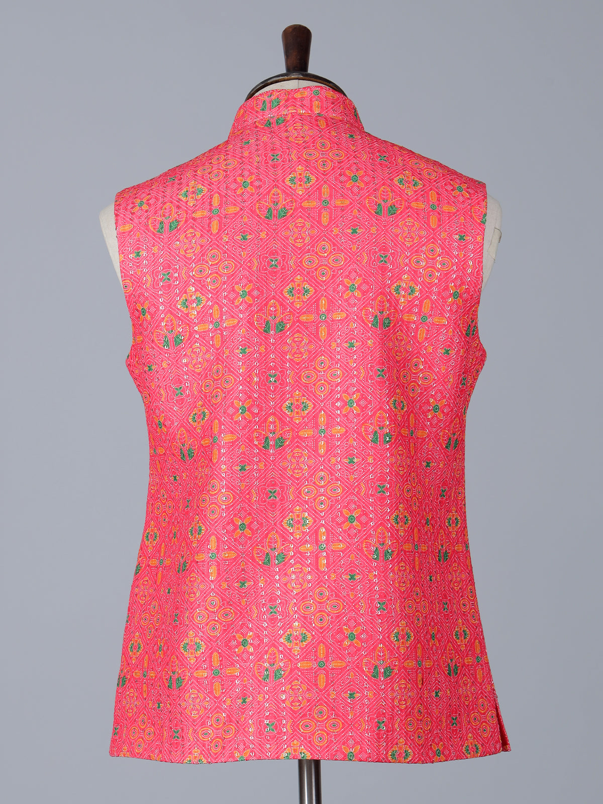 Rani pink printed cotton silk waistcoat with zari work