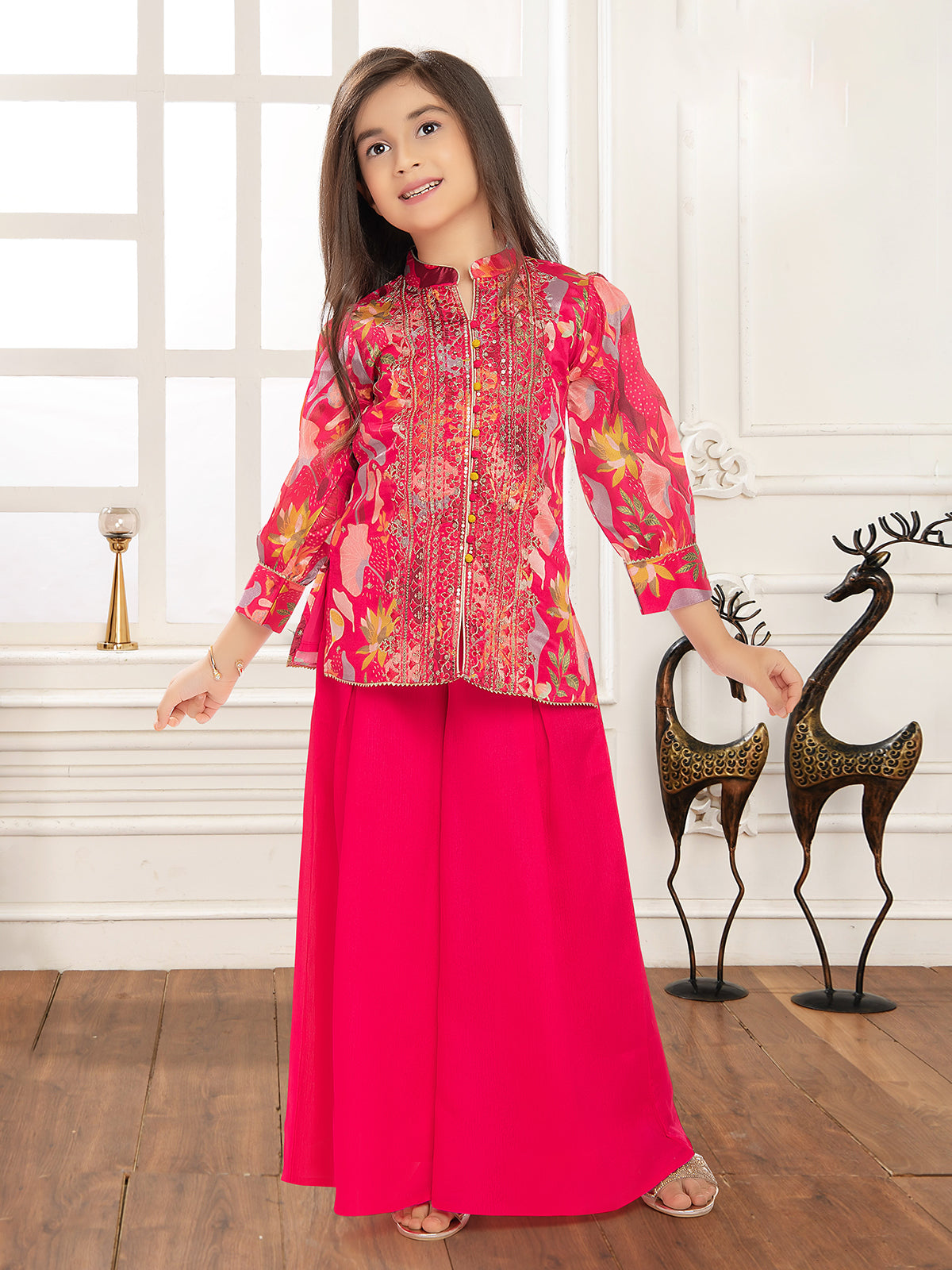 Rani pink printed silk palazzo suit with resham work