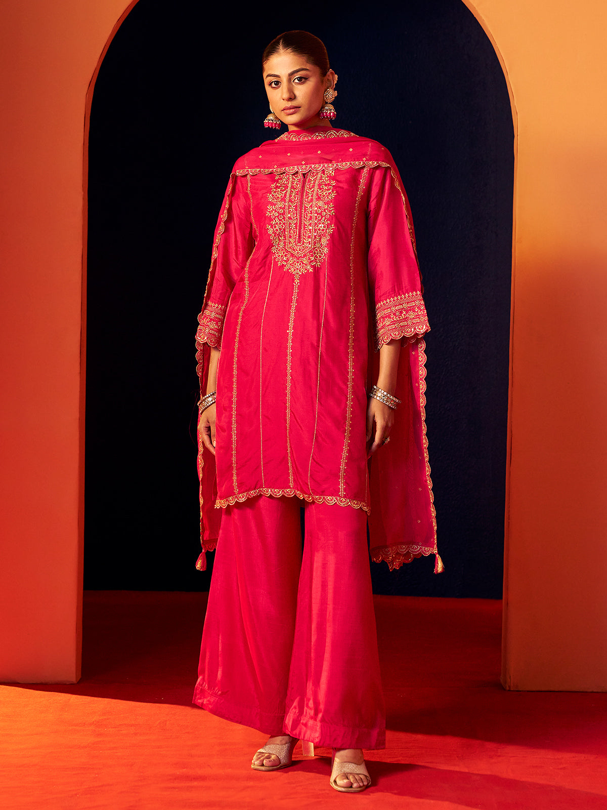 Rani pink silk palazzo kurti set for women