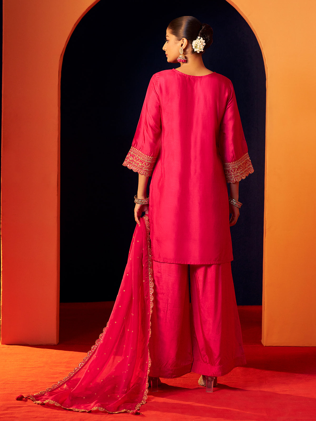 Rani pink silk palazzo kurti set for women