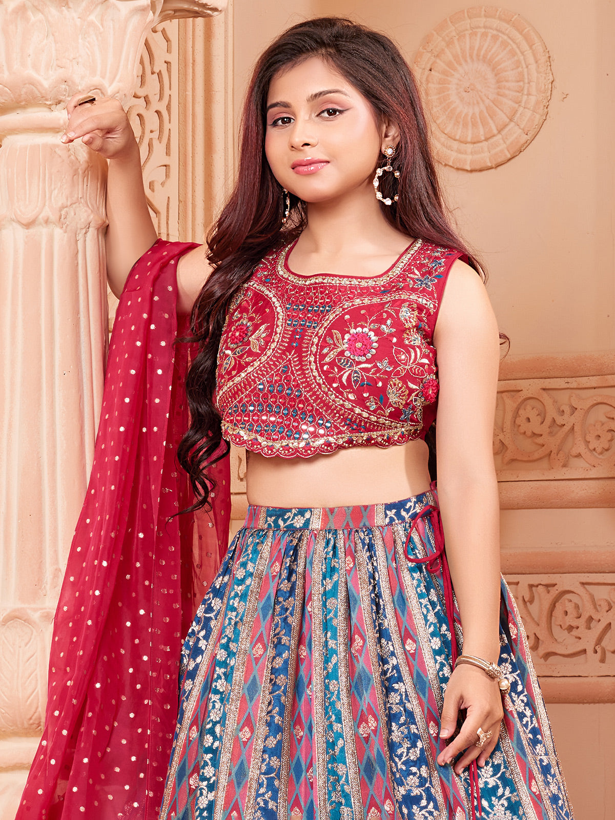 Red and blue banarasi silk lehenga choli with dupatta