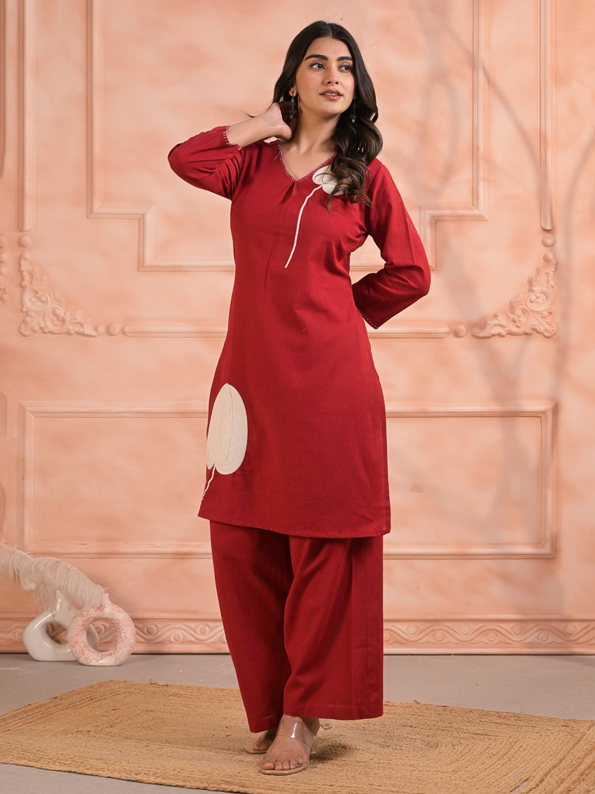 Red cotton silk kurti palazzo set