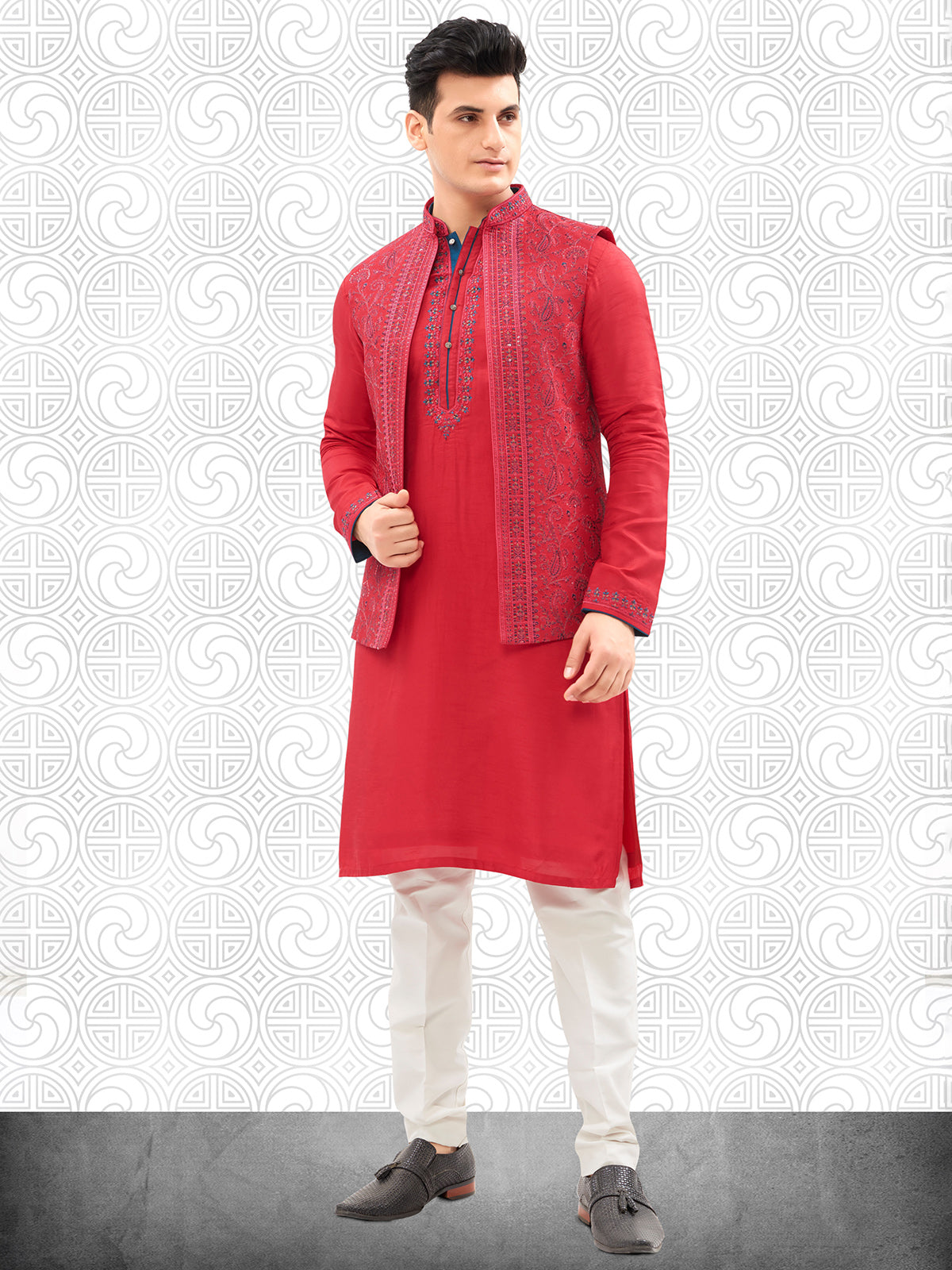 Red cotton wedding style waistcoat set for men