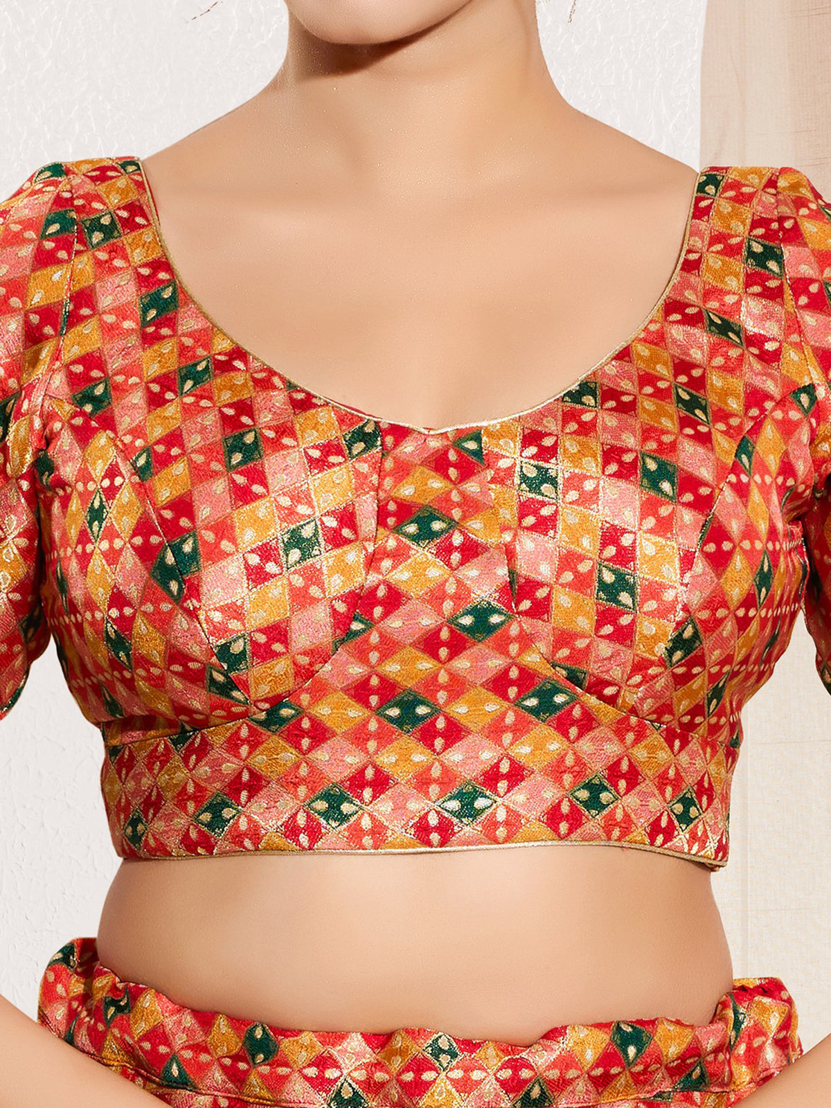 Red jacquard printed blouse with round neckline