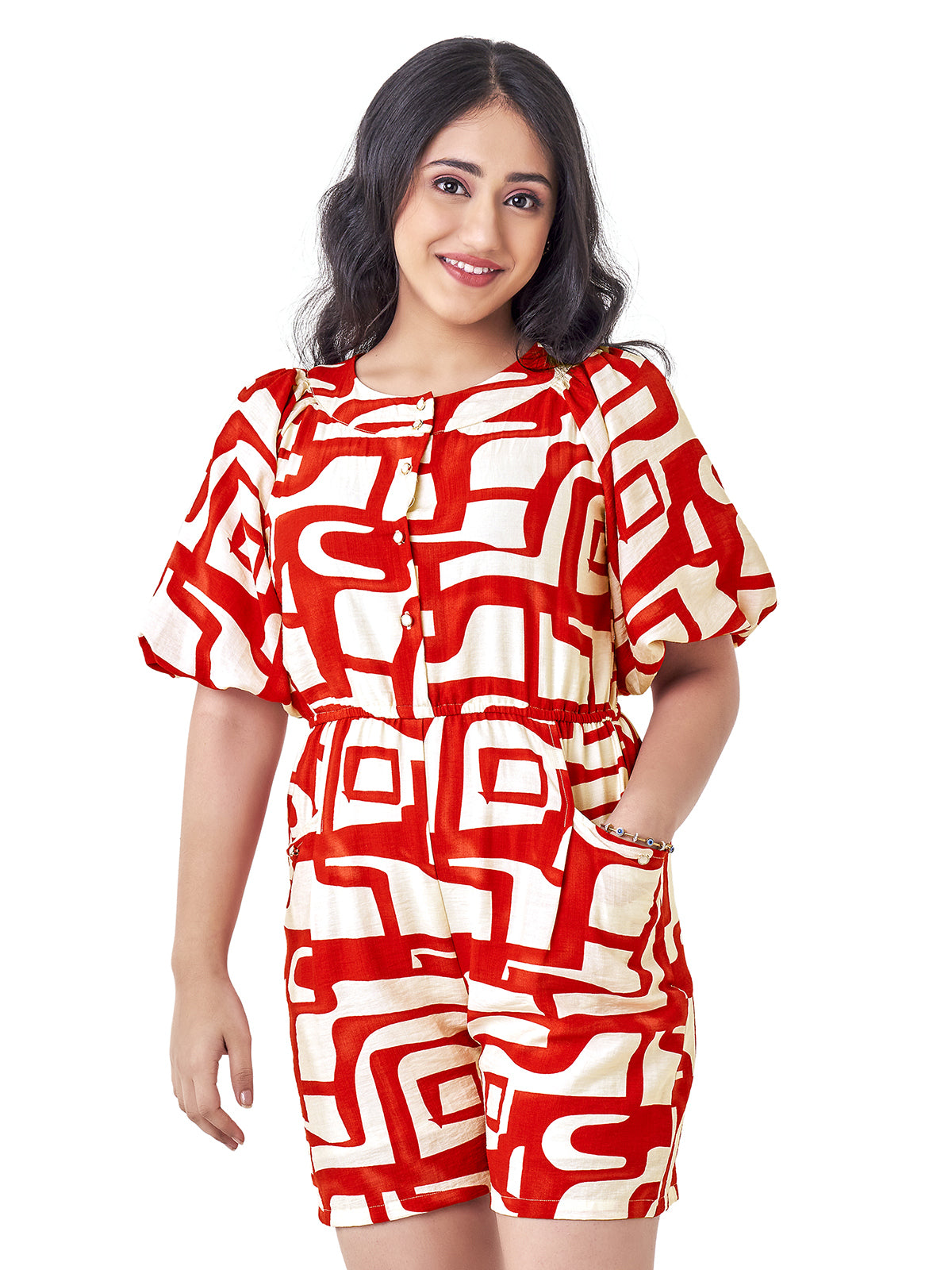 Red printed cotton silk jumpsuit with round neck