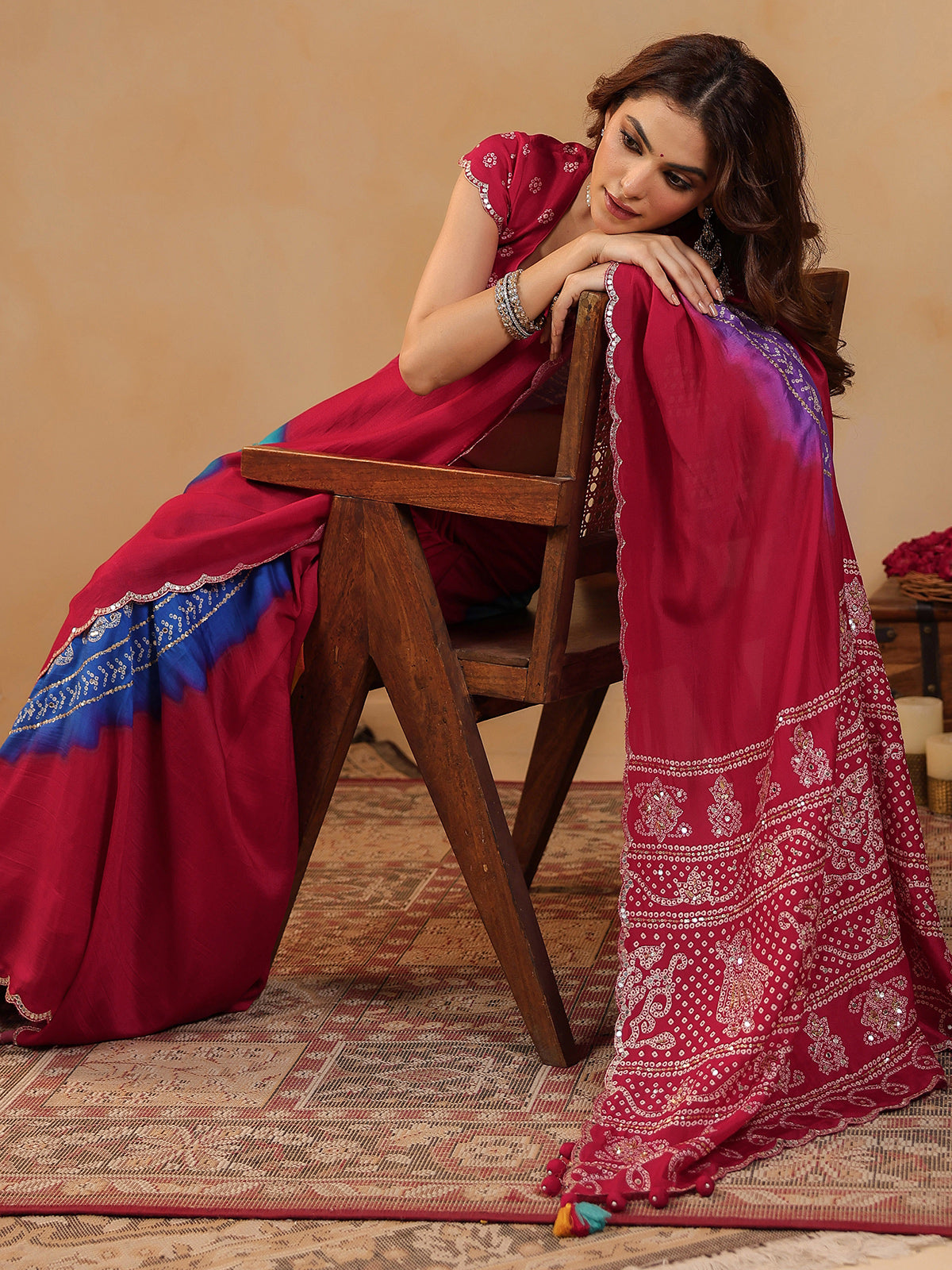 Red printed silk festive occasion saree