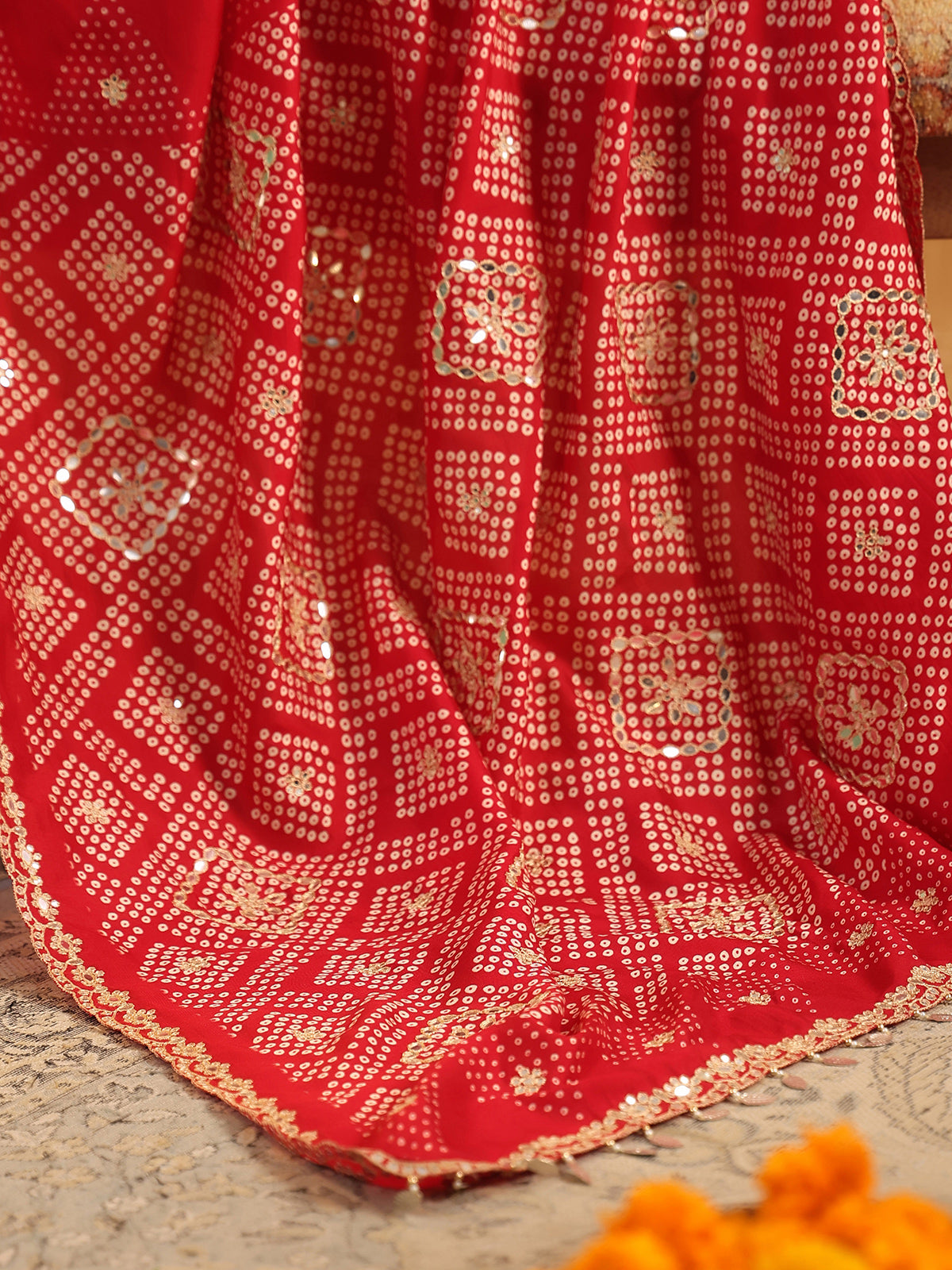 Red printed silk saree for festive wear
