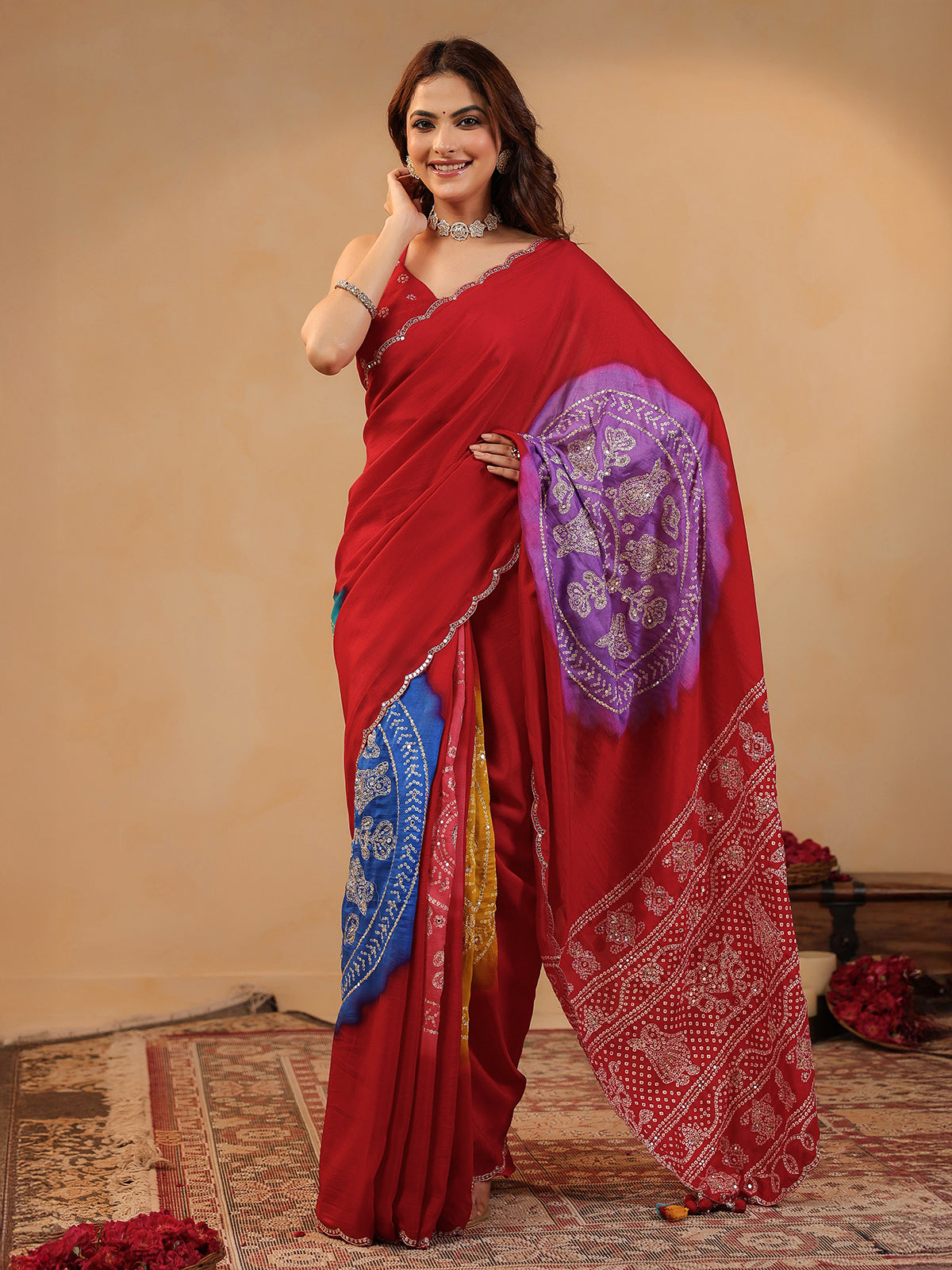 Red printed silk saree with aabla embellishment