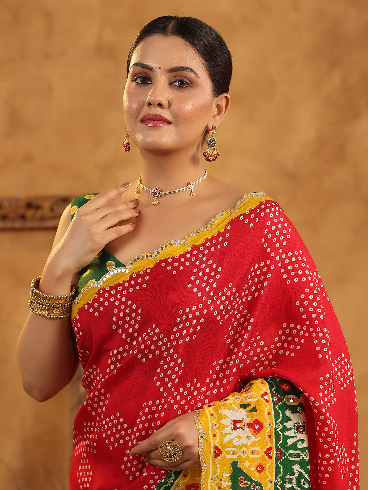 Red printed silk saree with sequins artistry