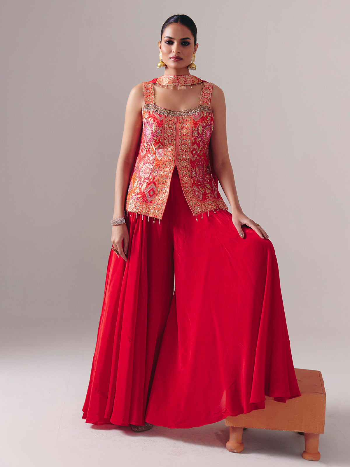 Red satin silk palazzo suit for wedding wear