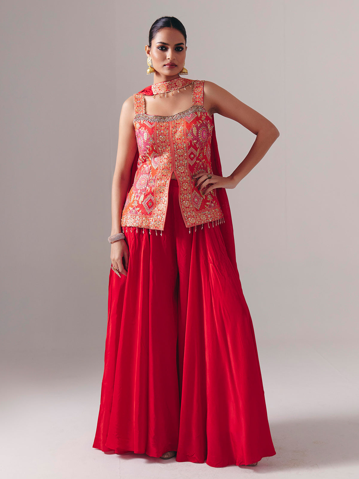Red satin silk palazzo suit for wedding wear