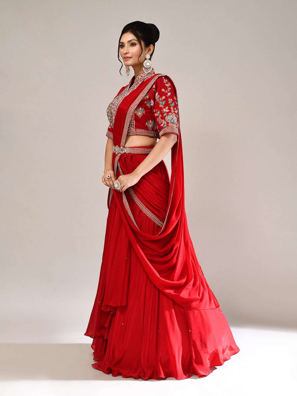 Red silk designer lehenga choli with attached dupatta