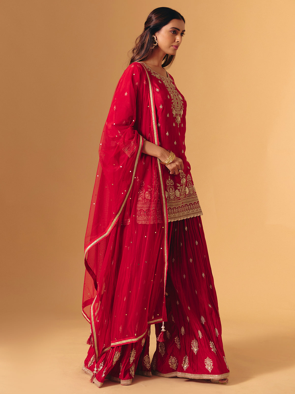 Red silk zardosi work quarter sleeve palazzo suit