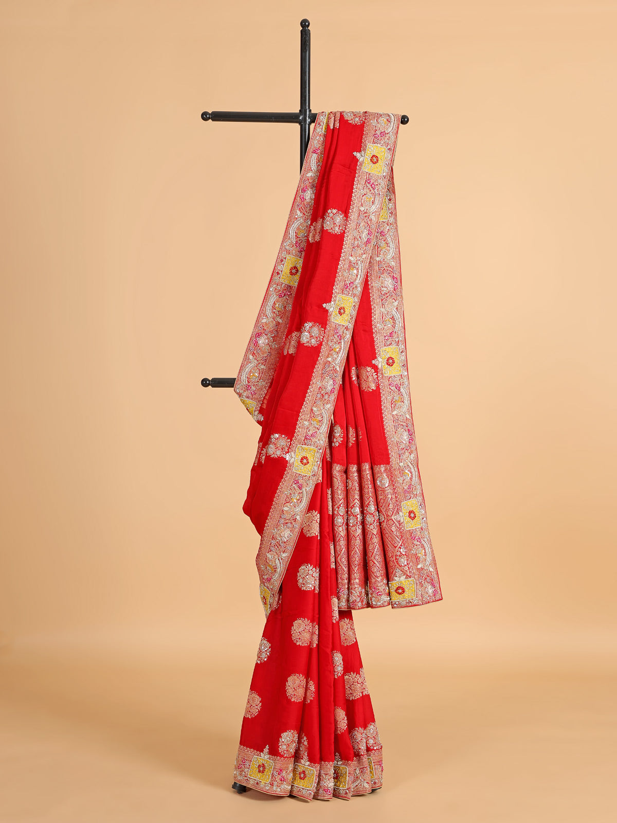 Red silk sari with bandhej print