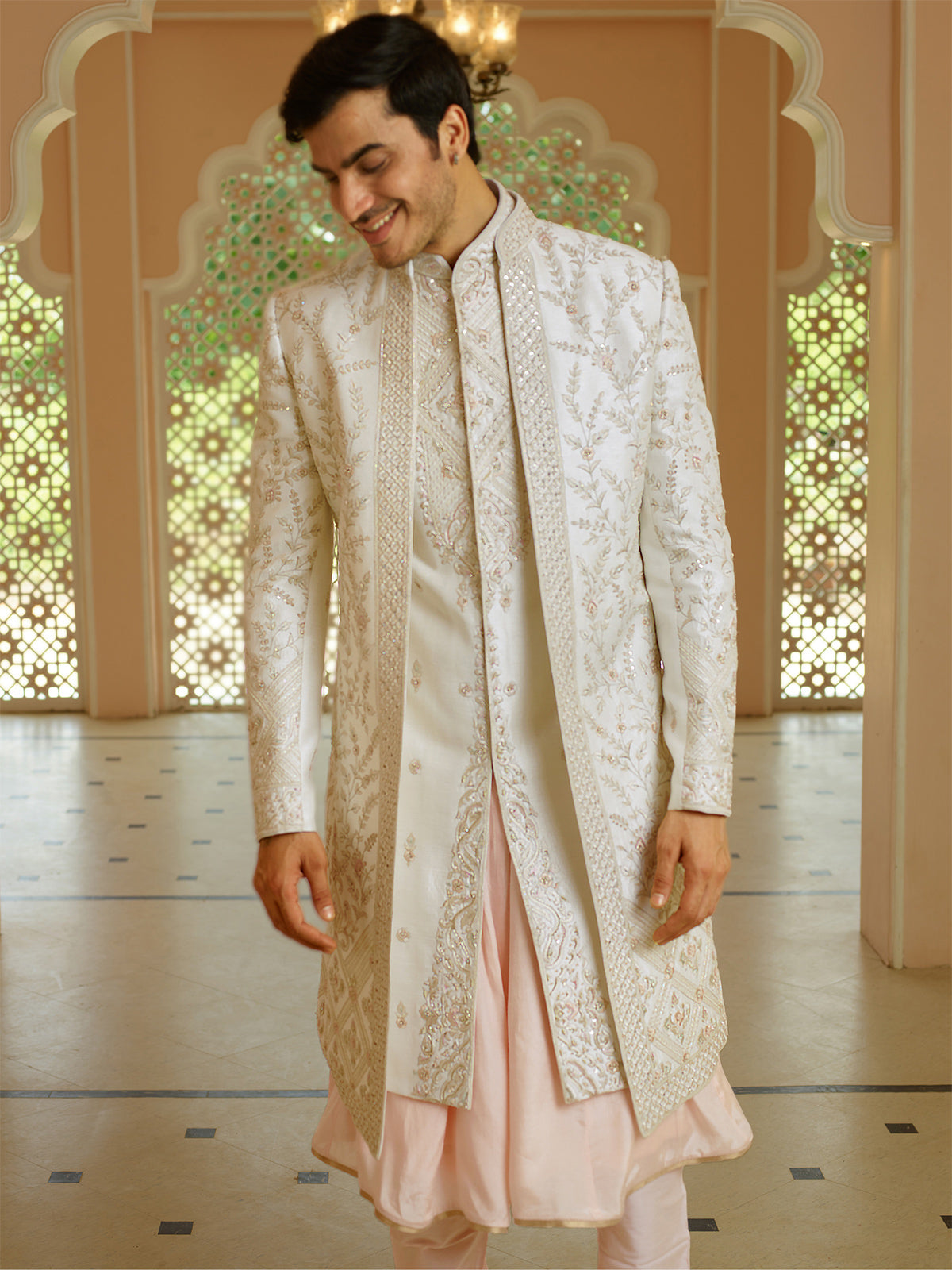 Rich cream silk groom sherwani