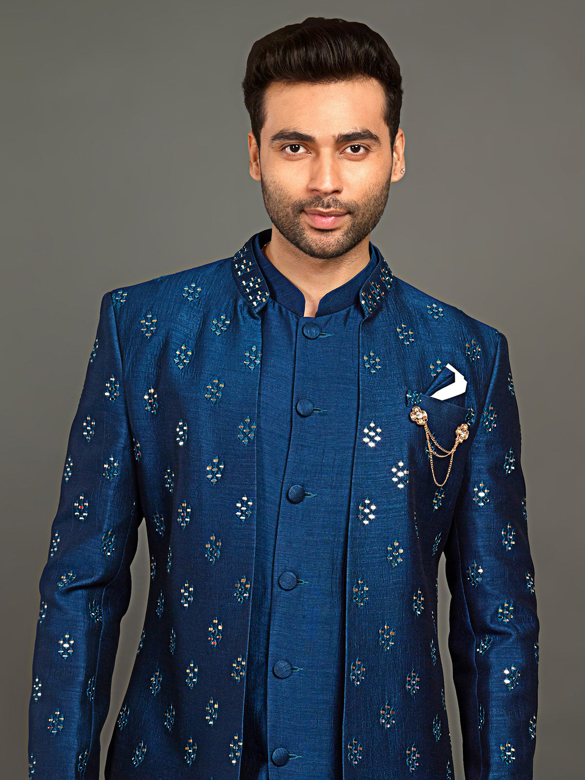 Royal blue hued cotton silk indowestern for men