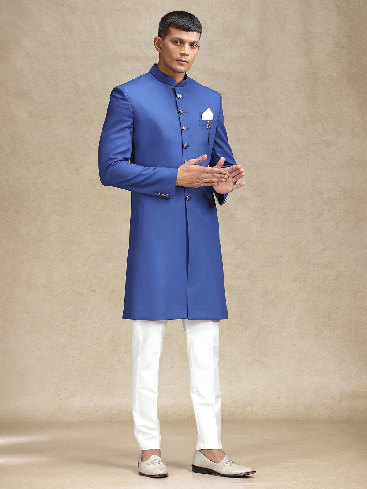 Royal blue indo western in terry rayon for men