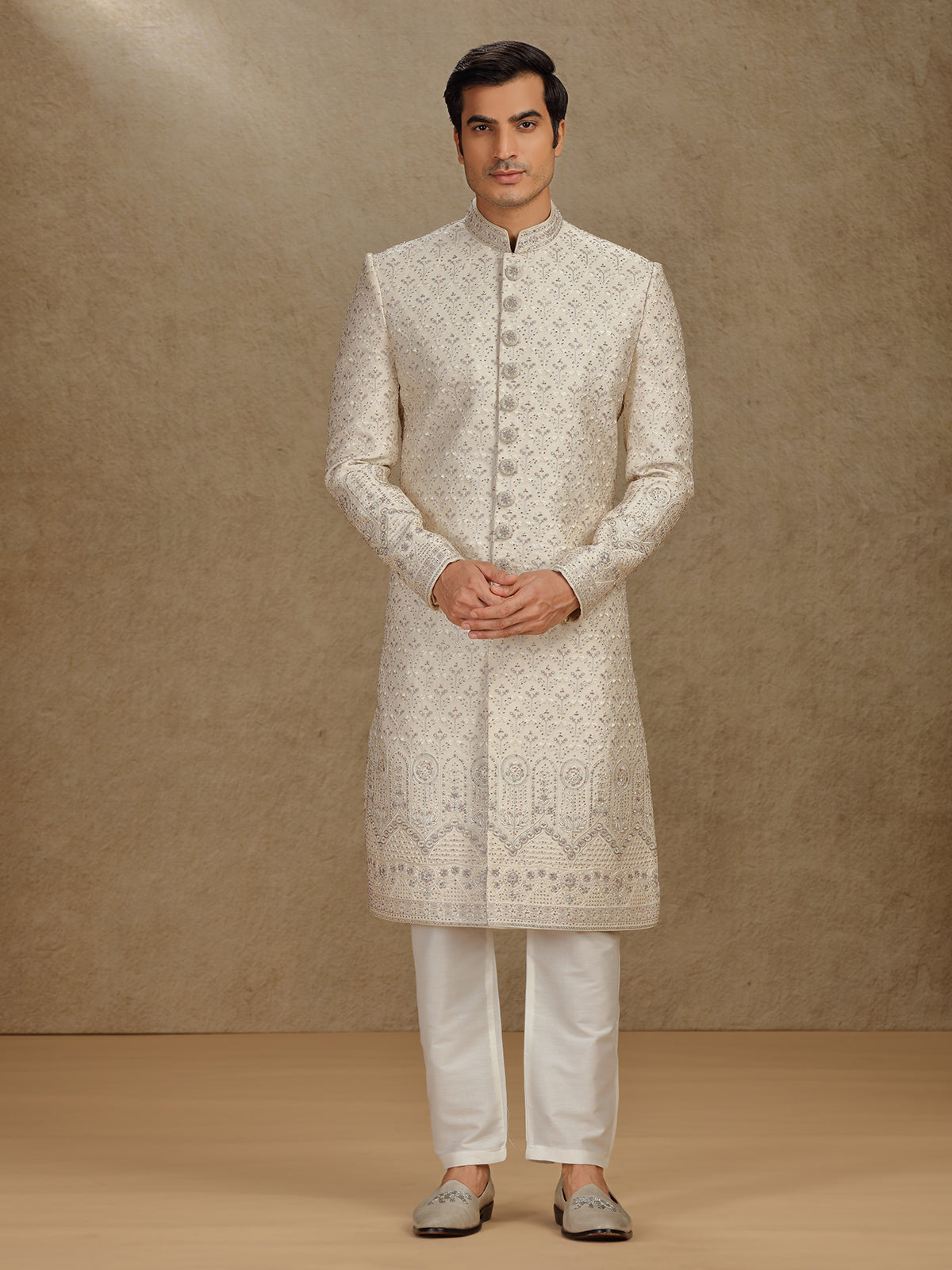 Royal cream silk sherwani for wedding celebrations