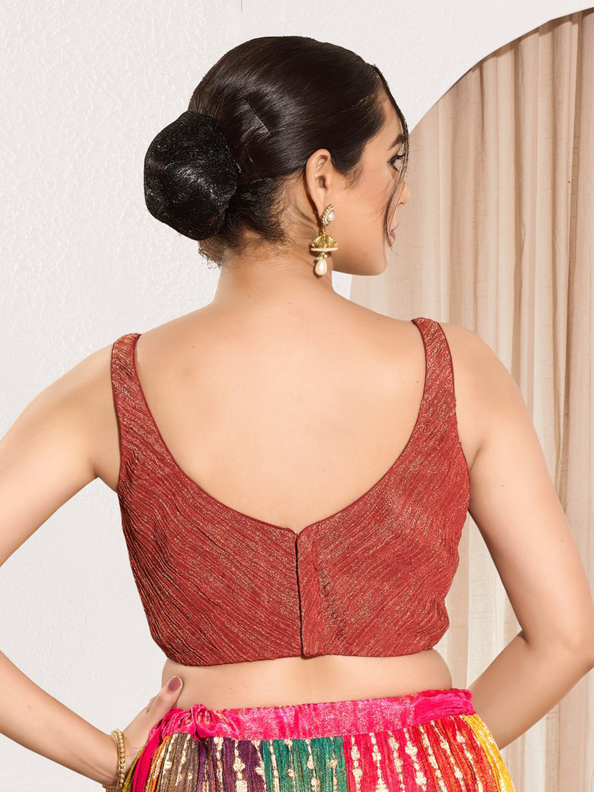 Rust brown tissue silk sweetheart neck blouse