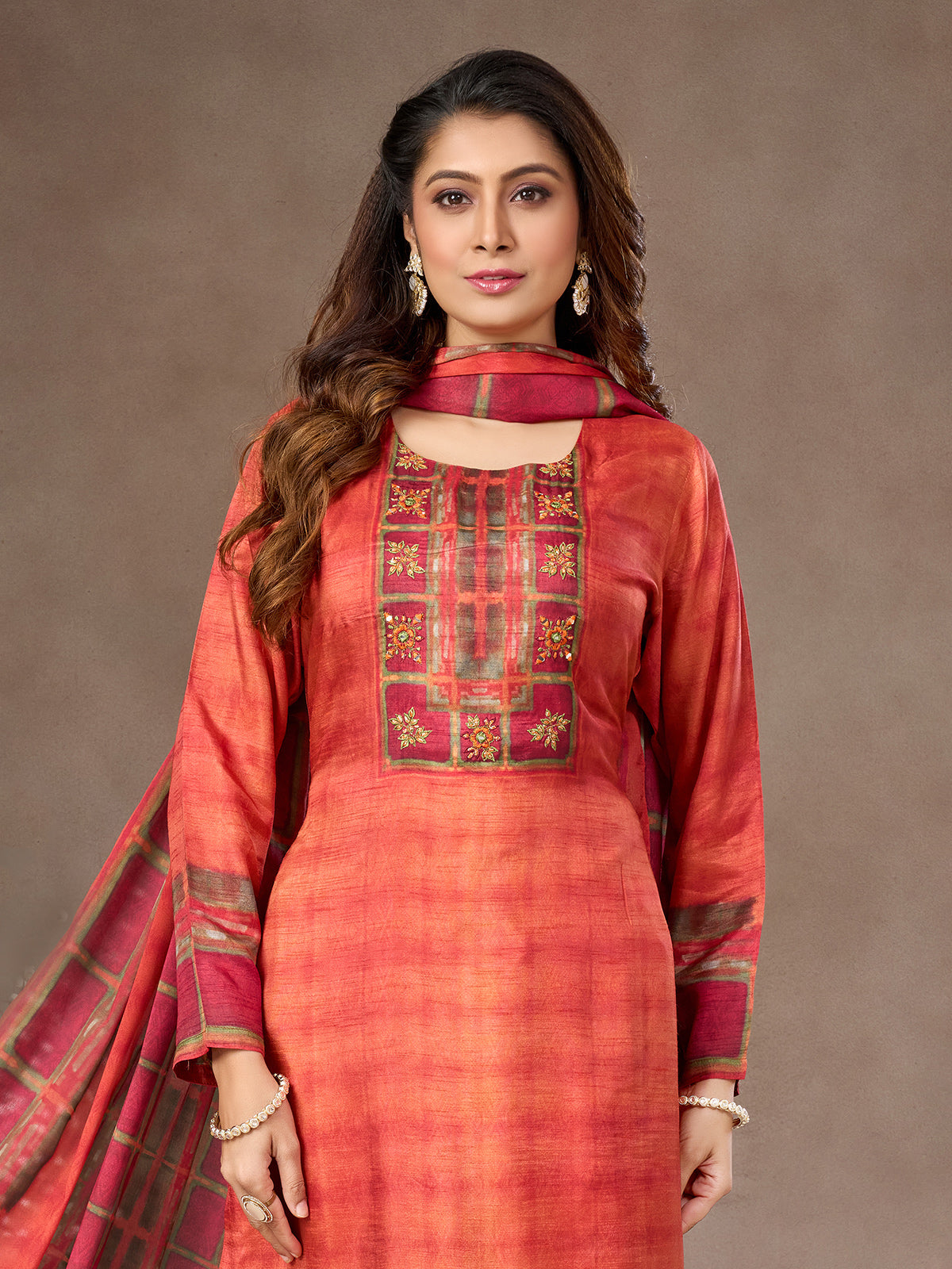 Rust orange silk salwar suit with embroidery and aabla