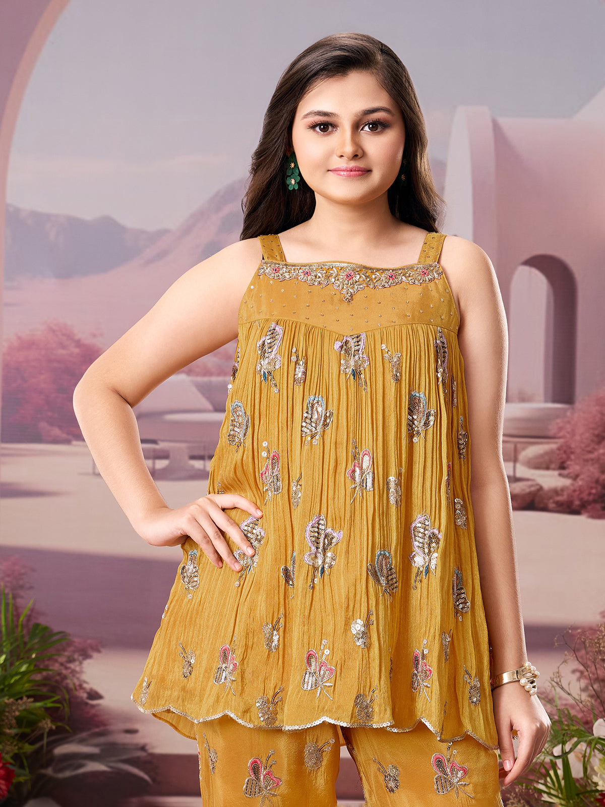 Rust yellow silk embroidered pearl work palazzo suit