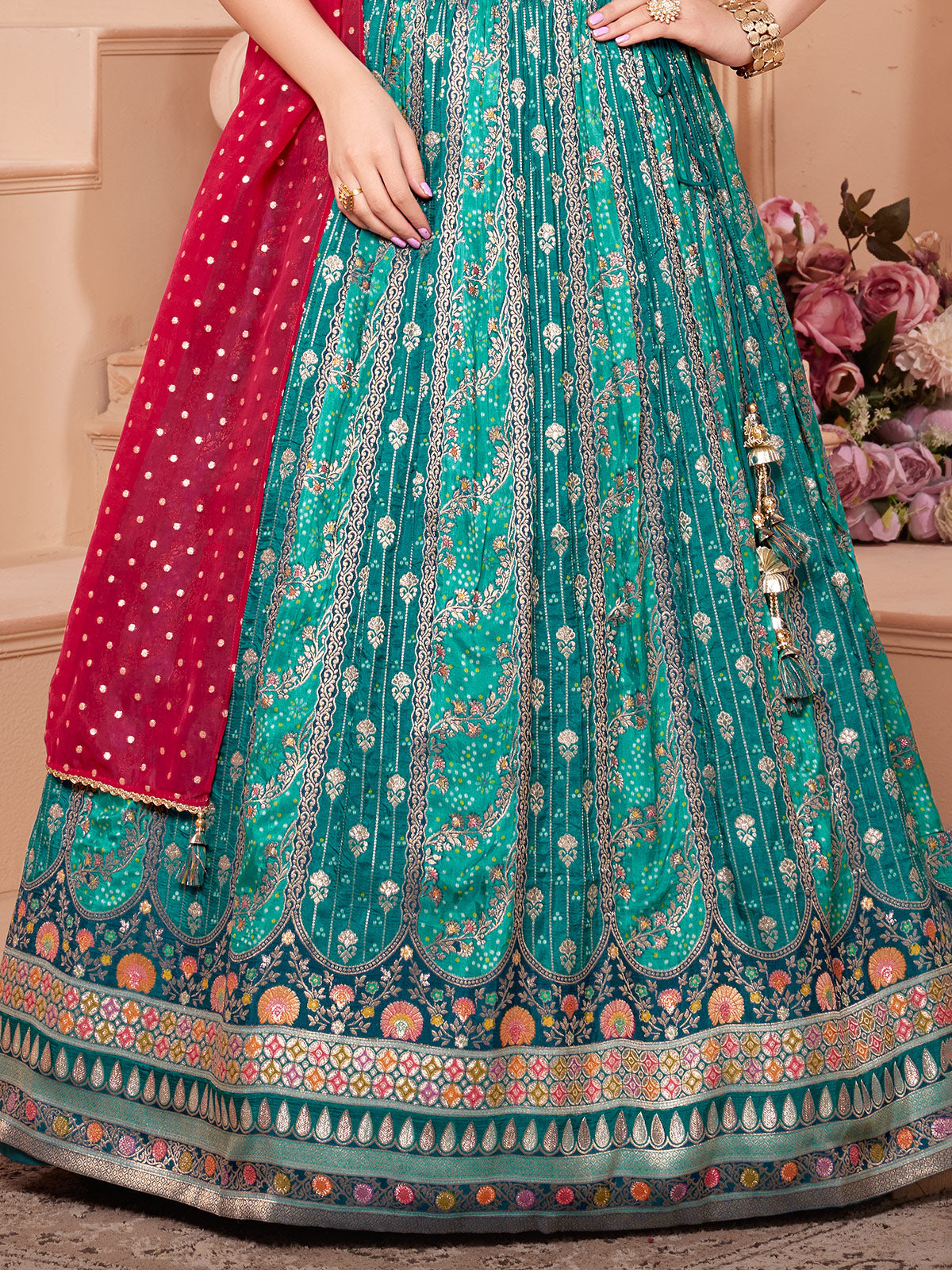 Sage green banarasi silk lehenga choli with dupatta