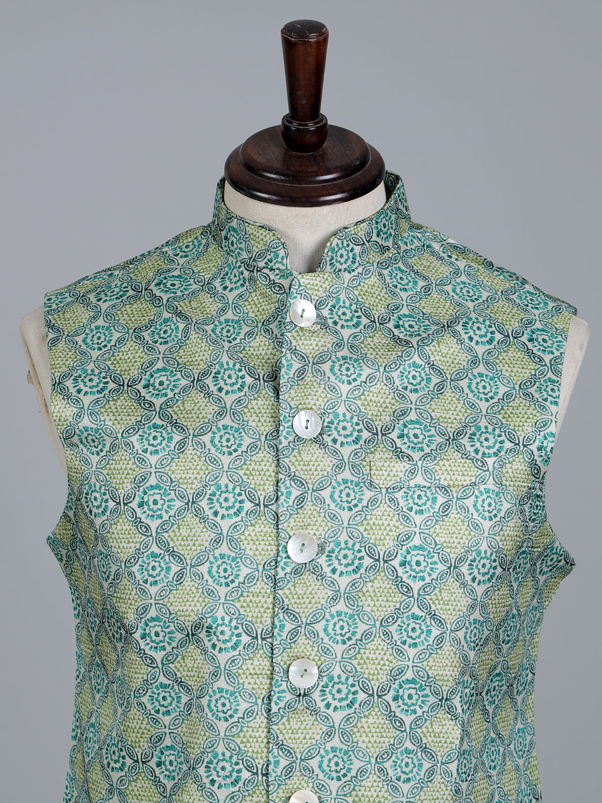 Sage green silk printed festive waistcoat