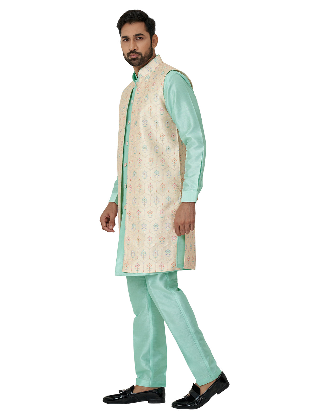 Sea green and cream silk indowestern