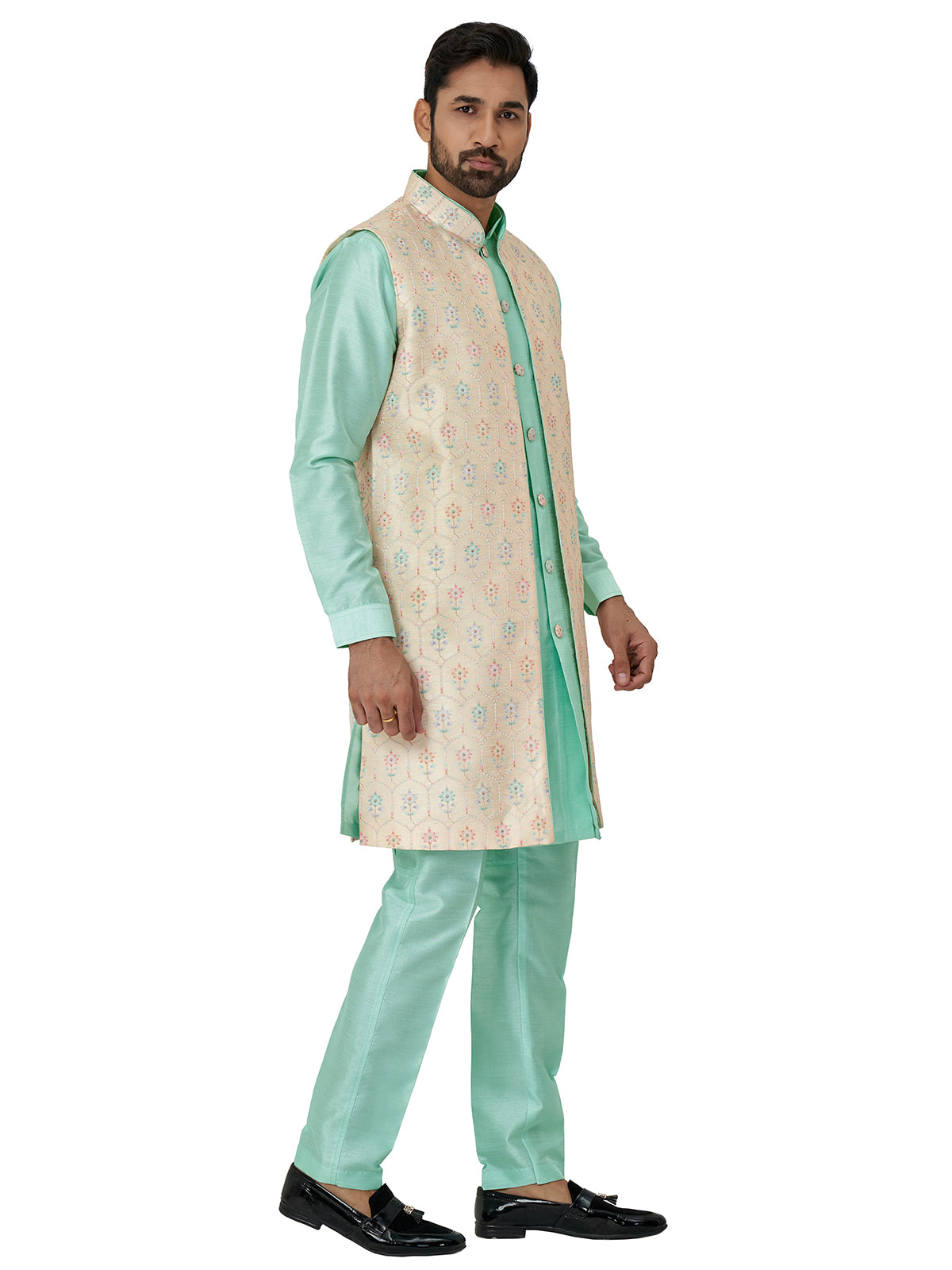 Sea green and cream silk indowestern