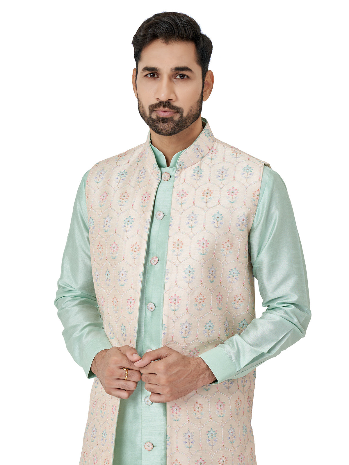 Sea green and cream silk indowestern