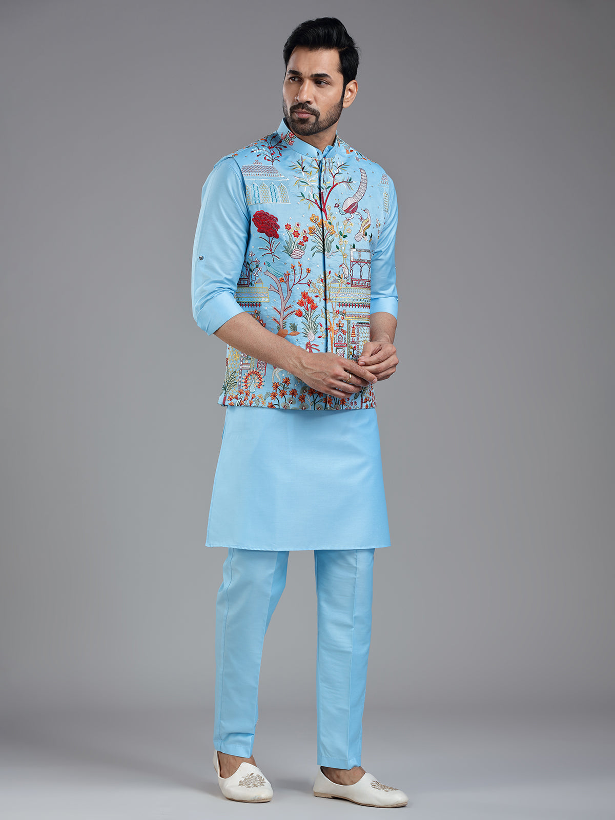 Shiny firozi blue kurta jacket set with colorful embroidery