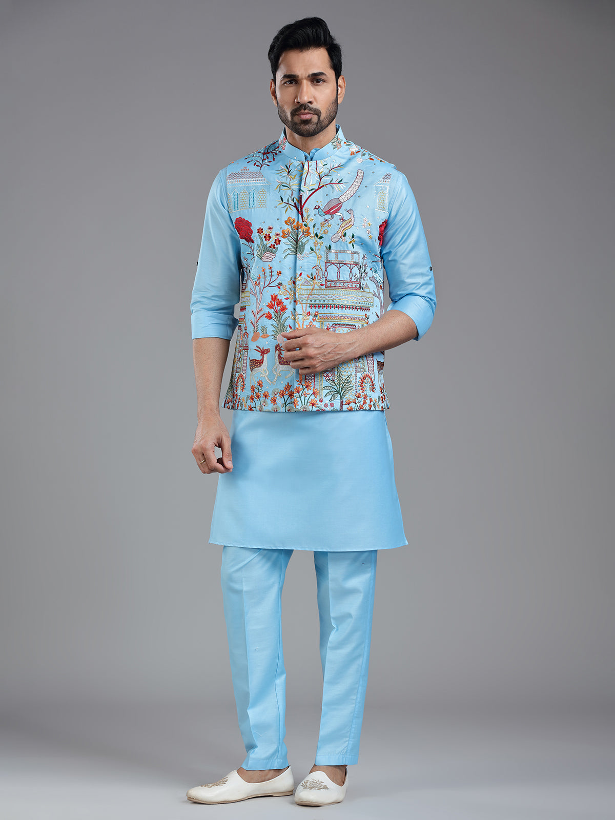 Shiny firozi blue kurta jacket set with colorful embroidery