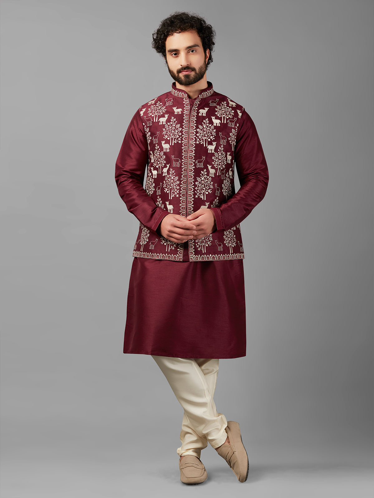 Silk maroon waistcoat set with embroidery