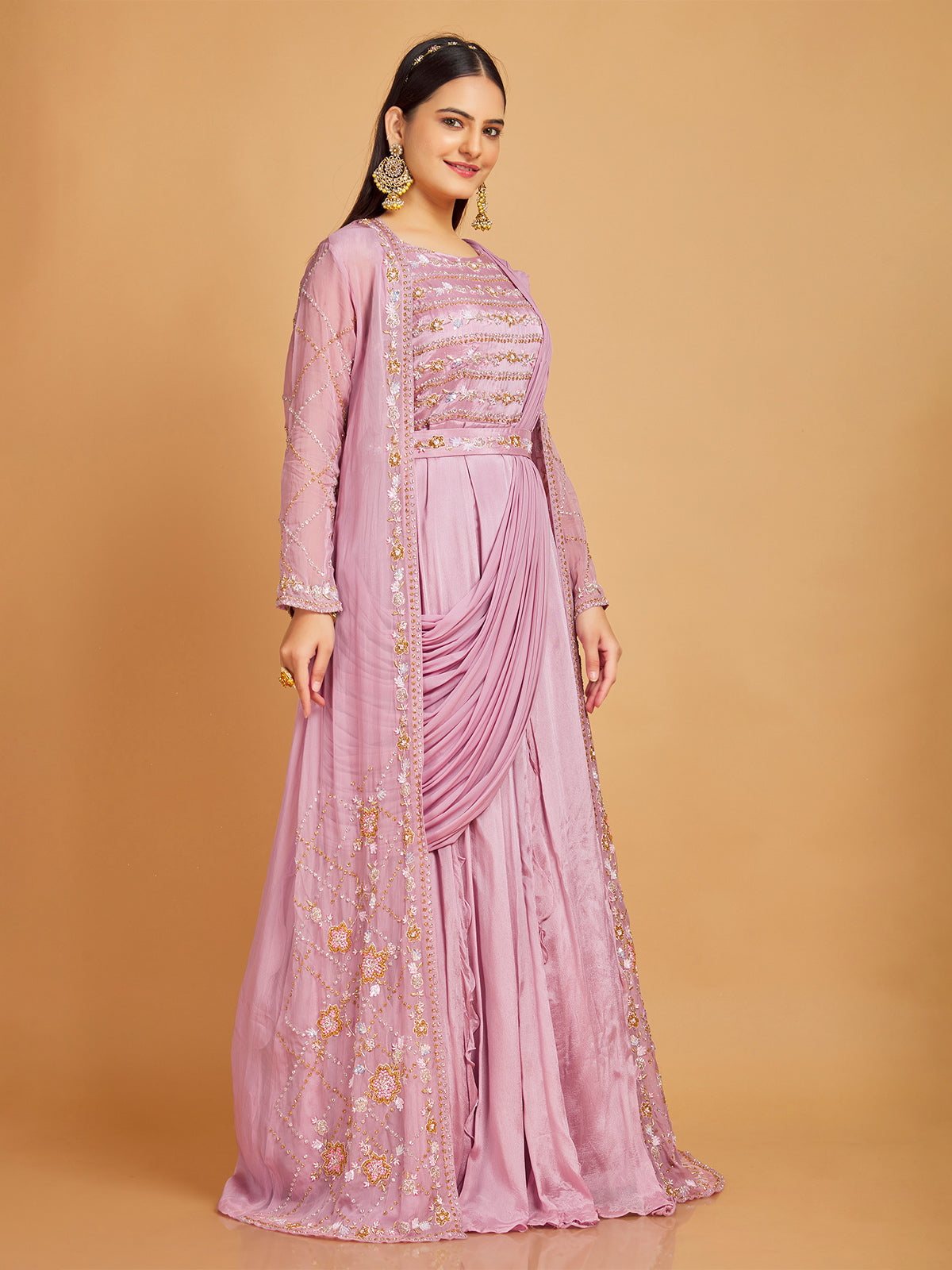 Silk mauve pink floor length suit with shrug