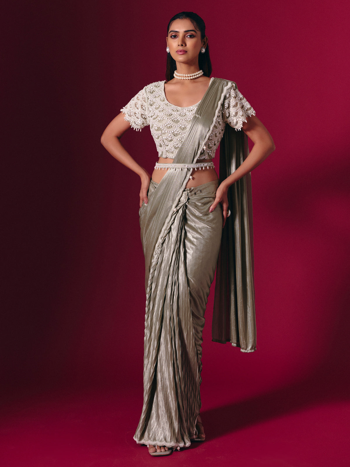 Silver shimmer lycra saree with pearl and sequin shine