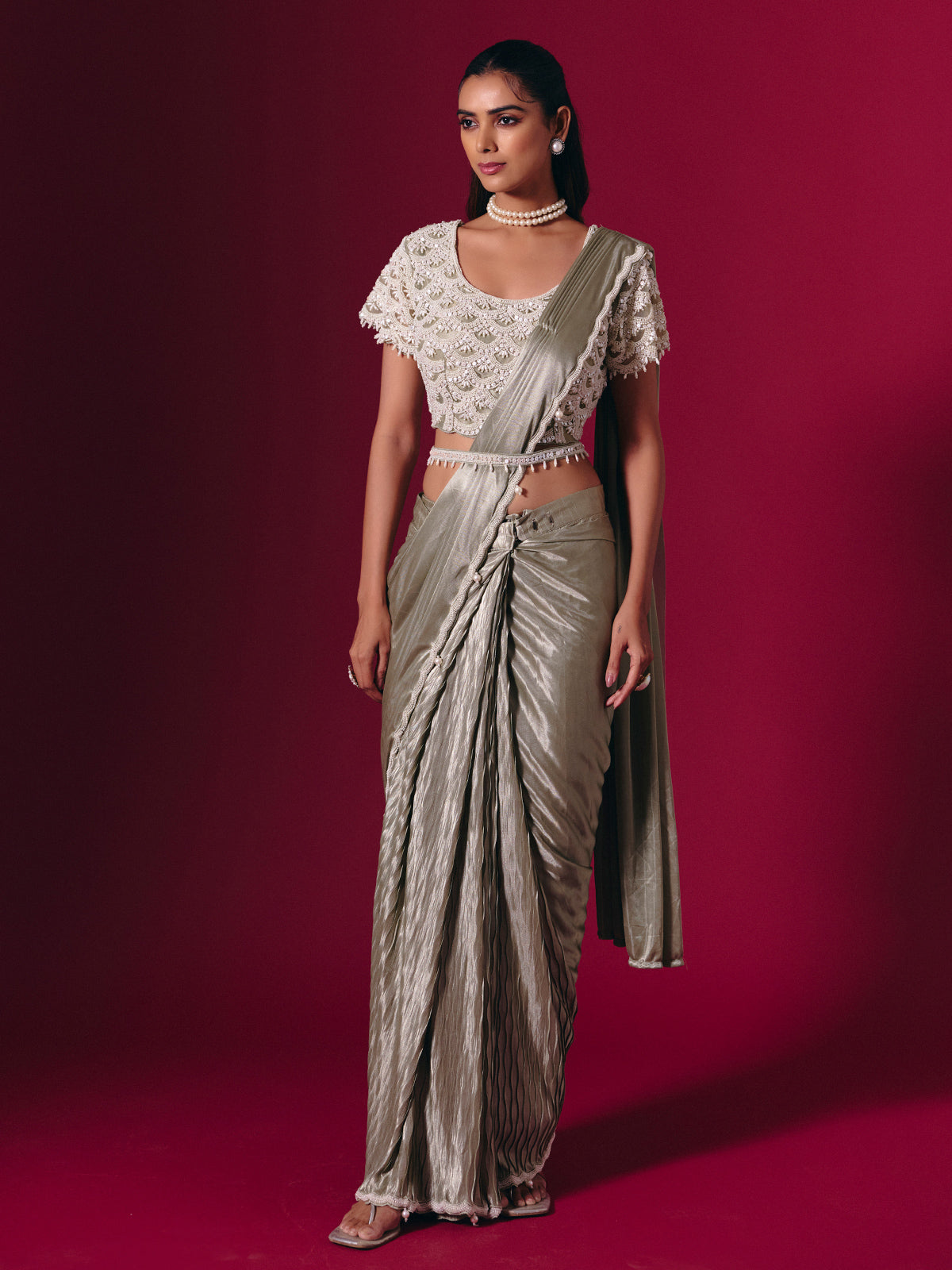 Silver shimmer lycra saree with pearl and sequin shine