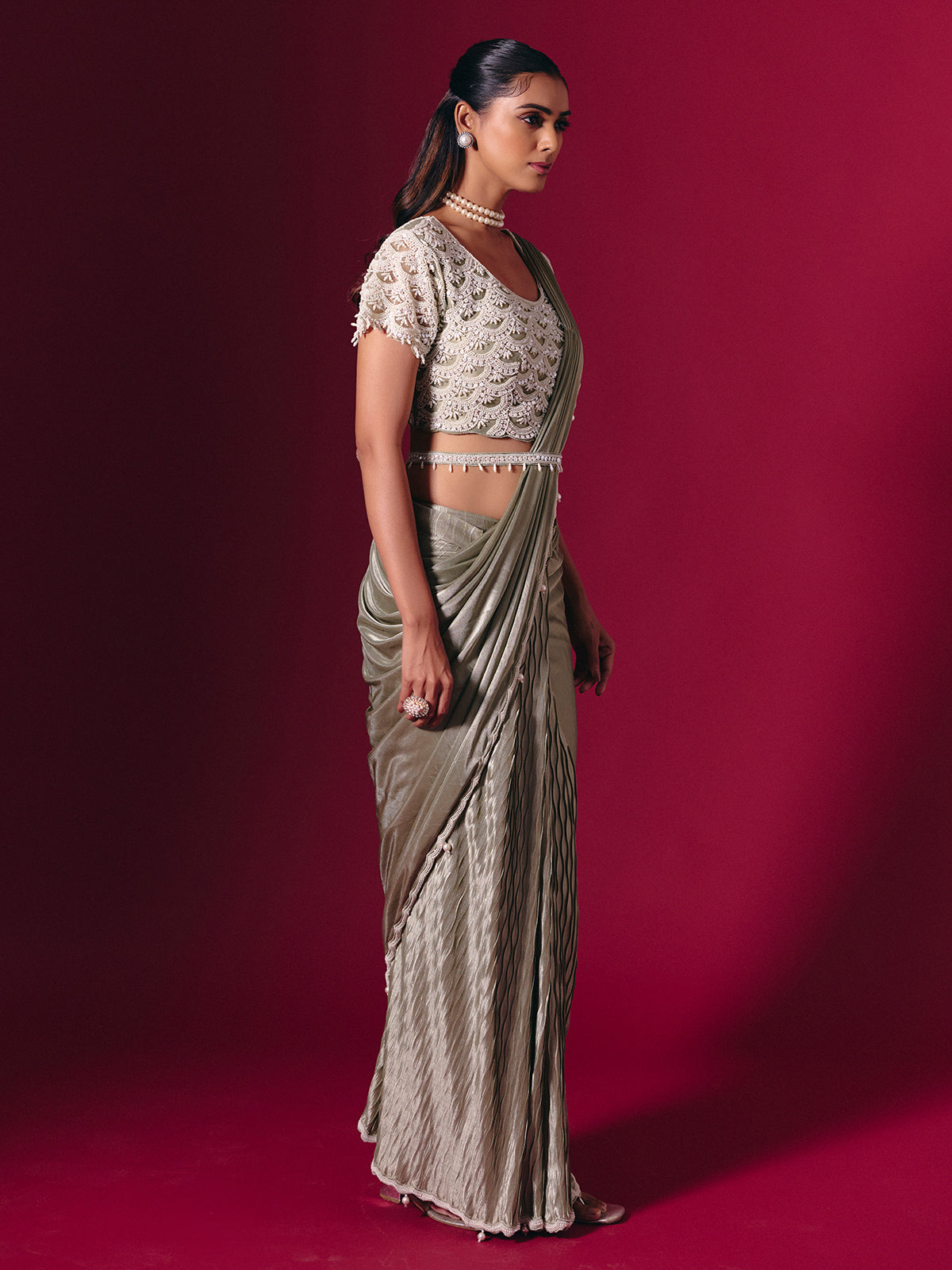 Silver shimmer lycra saree with pearl and sequin shine