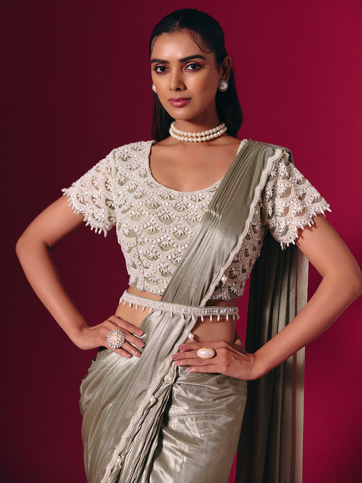 Silver shimmer lycra saree with pearl and sequin shine