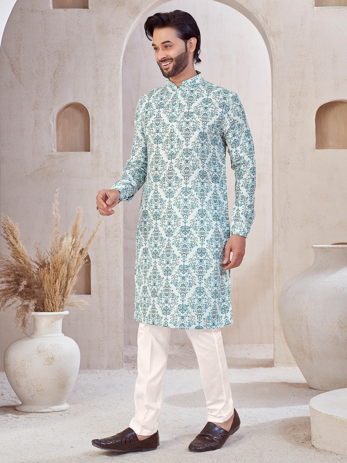 Sky blue cotton printed kurta suit for men