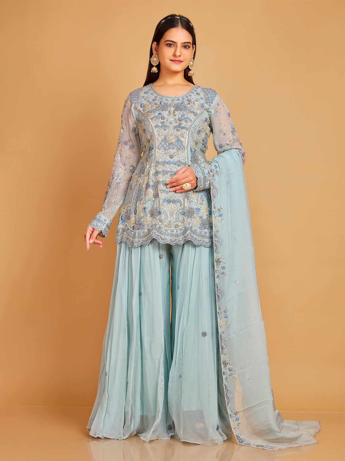Sky blue georgette palazzo suit with dupatta