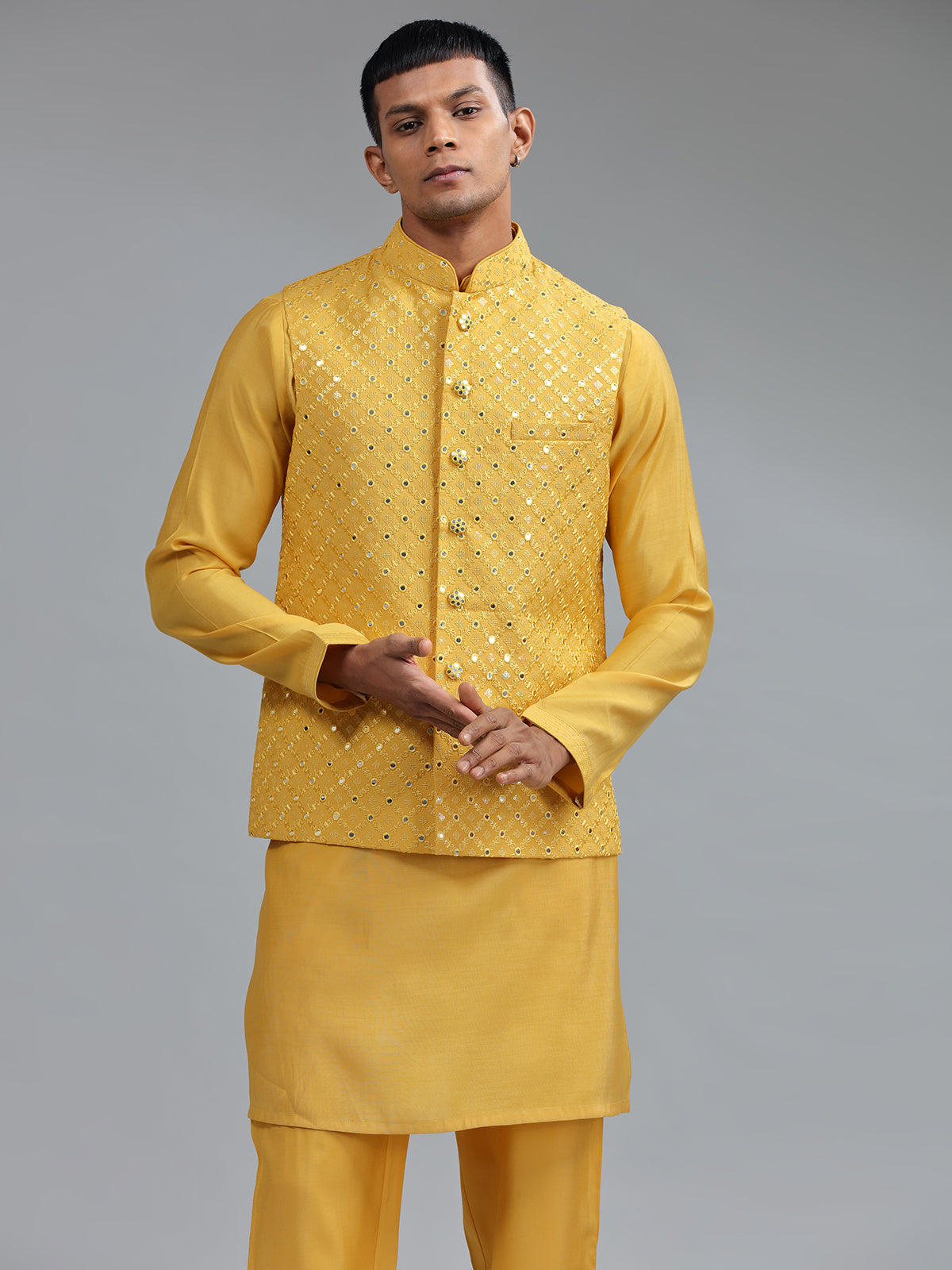 Smashing mustard yellow silk wedding waistcost set