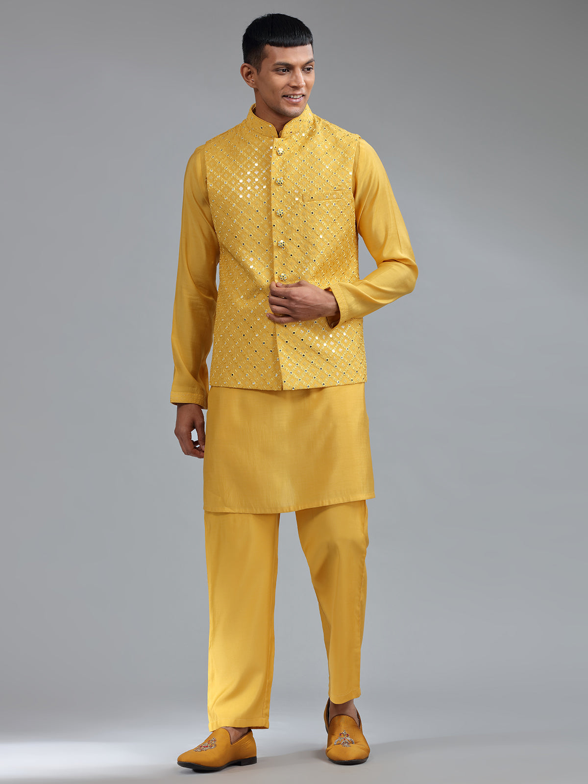 Smashing mustard yellow silk wedding waistcost set