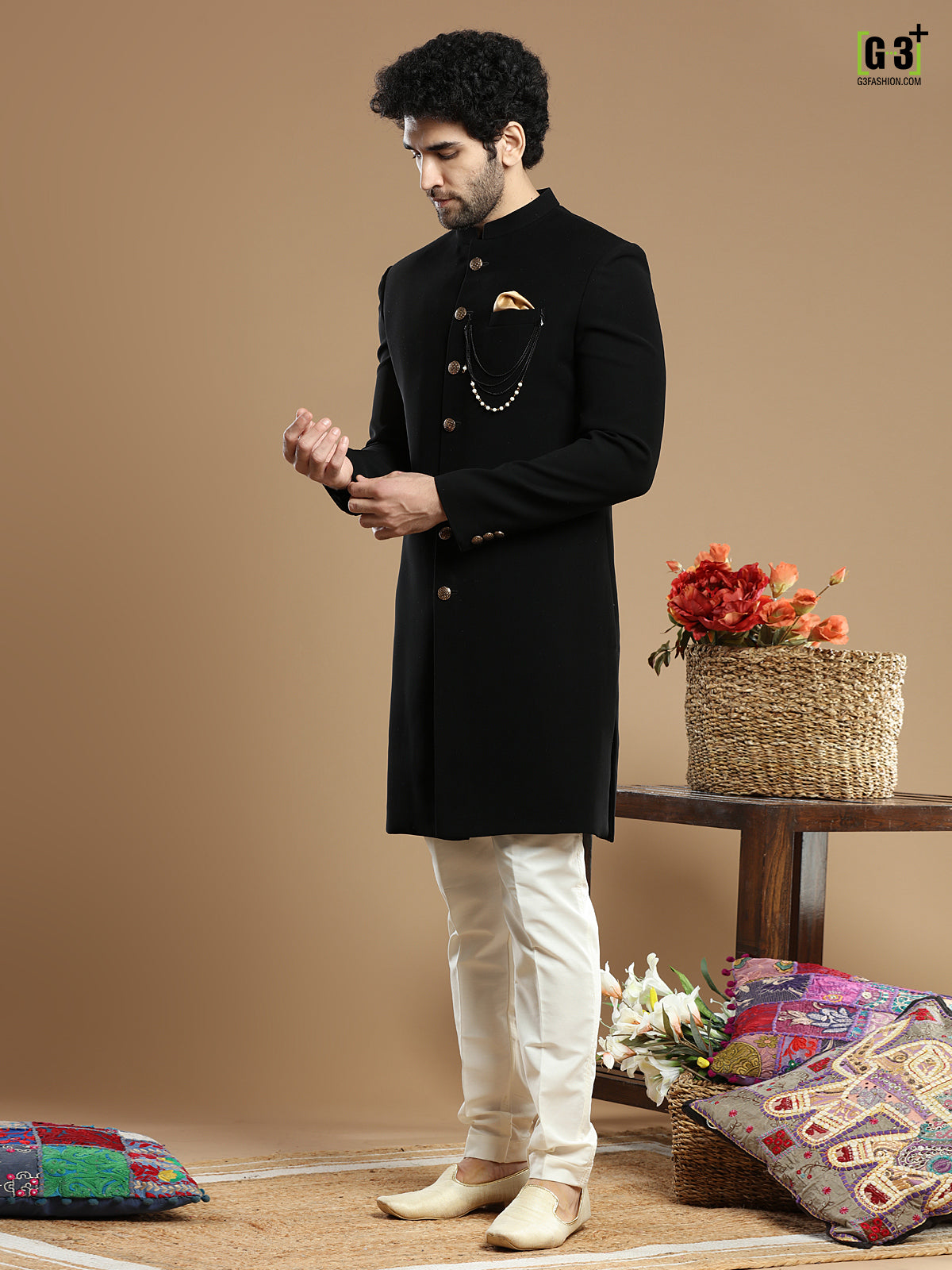 Solid black hued terry rayon indo western for wedding
