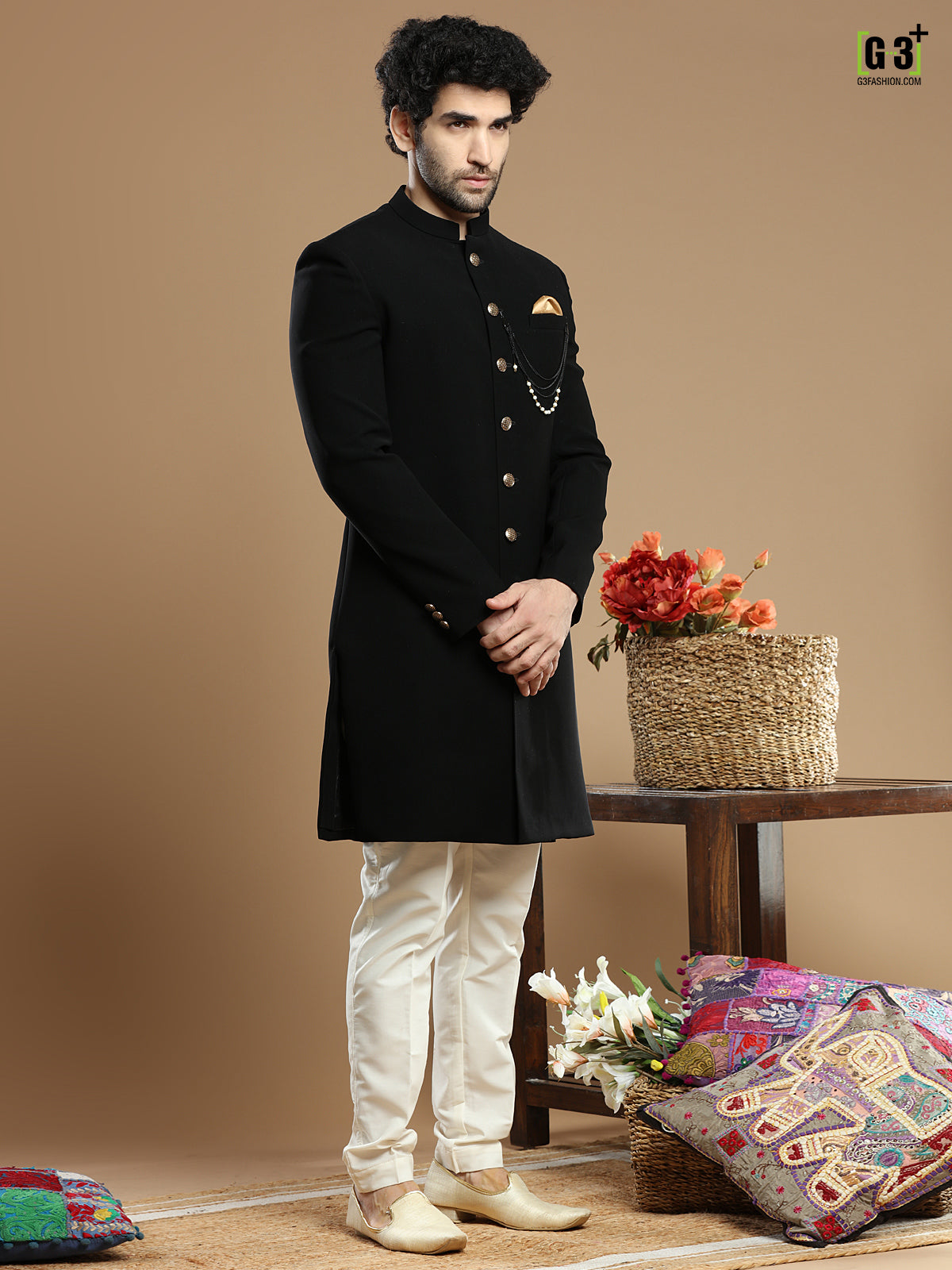 Solid black hued terry rayon indo western for wedding