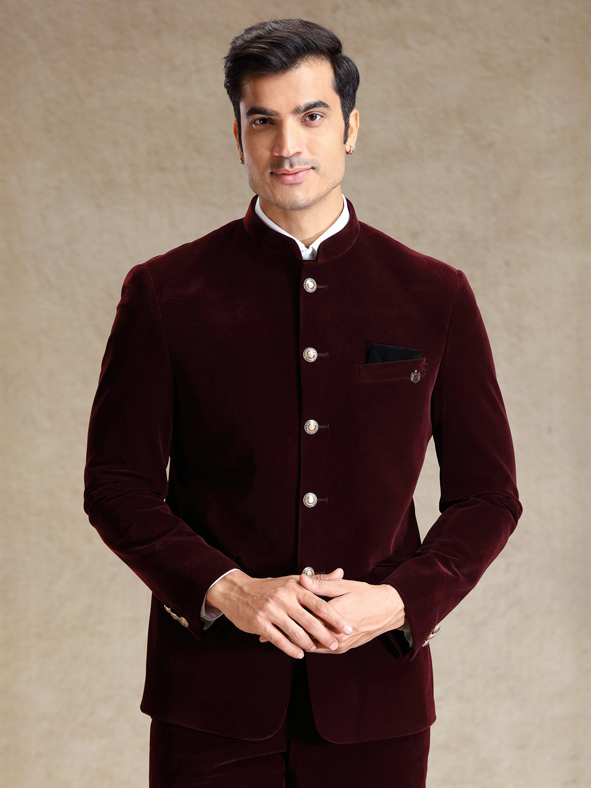 Solid wine velvet jodhpuri suit for wedding