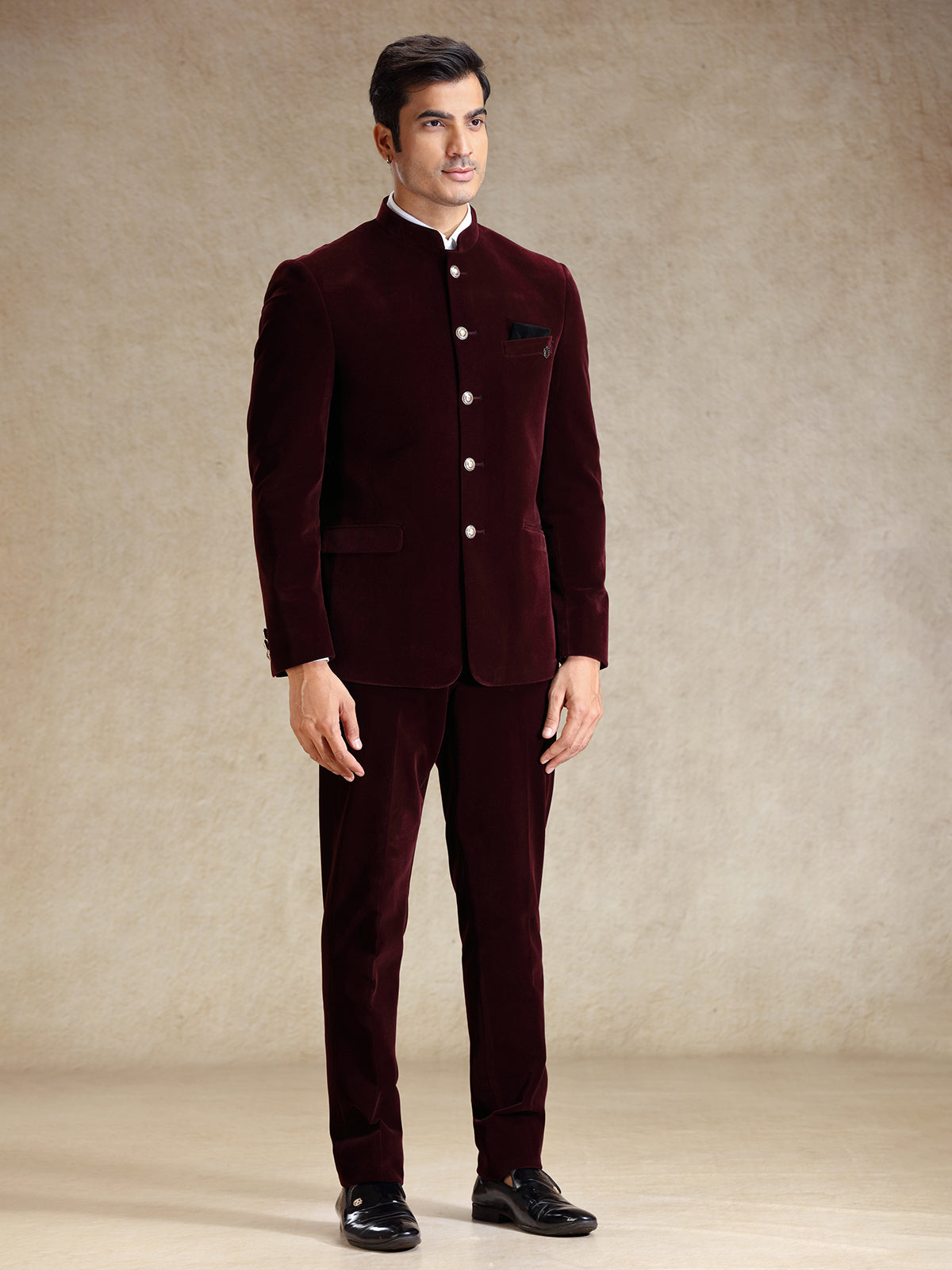 Solid wine velvet jodhpuri suit for wedding