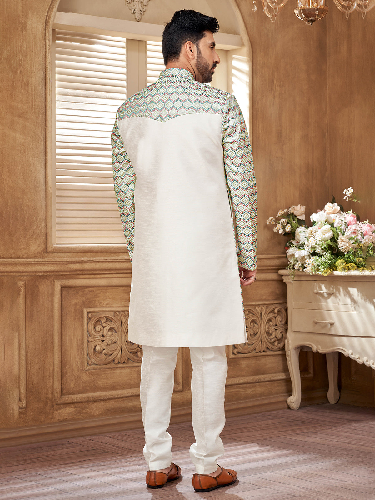 Sophisticated offwhite raw silk indowestern with premium detailing