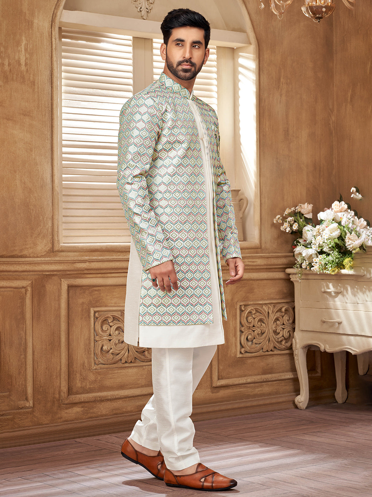 Sophisticated offwhite raw silk indowestern with premium detailing