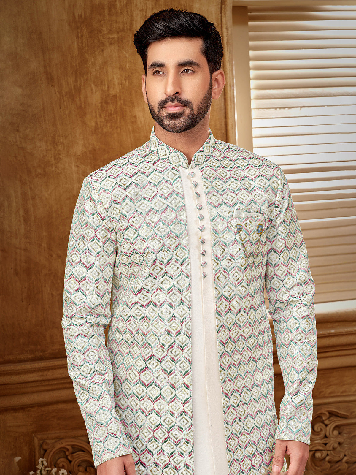Sophisticated offwhite raw silk indowestern with premium detailing
