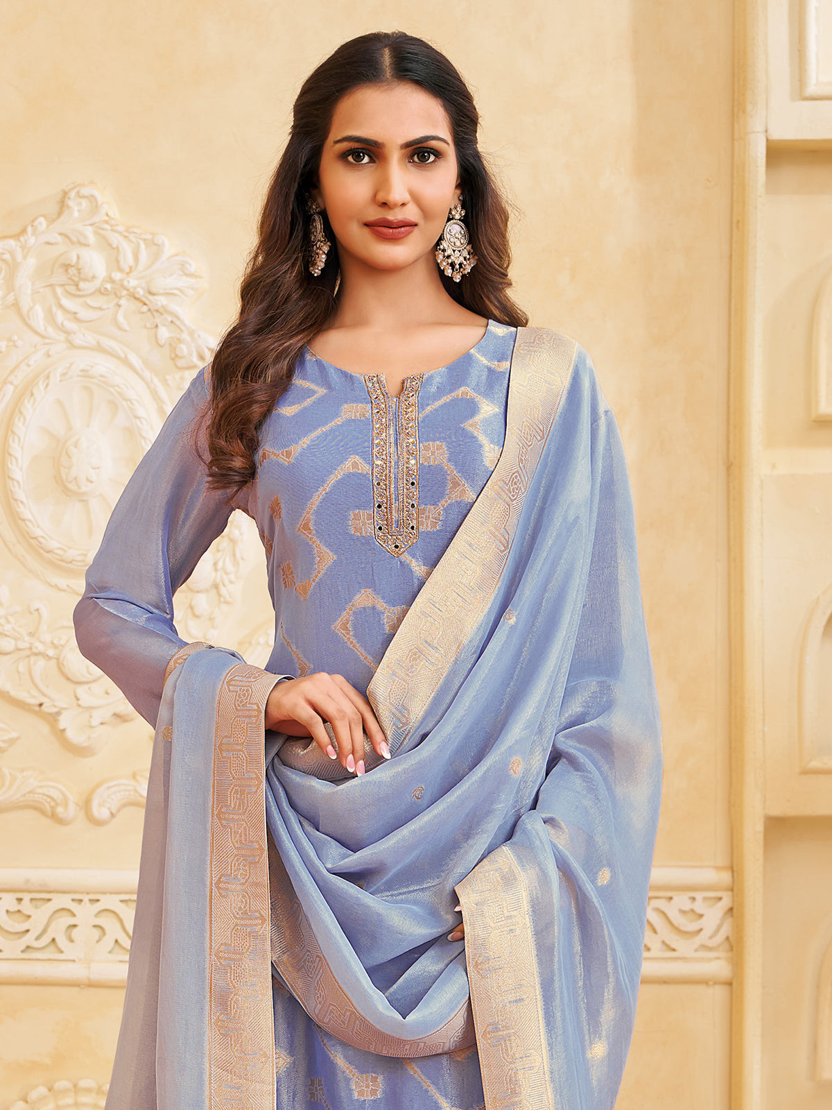 Stone blue zari worked salwar suit in chiffon